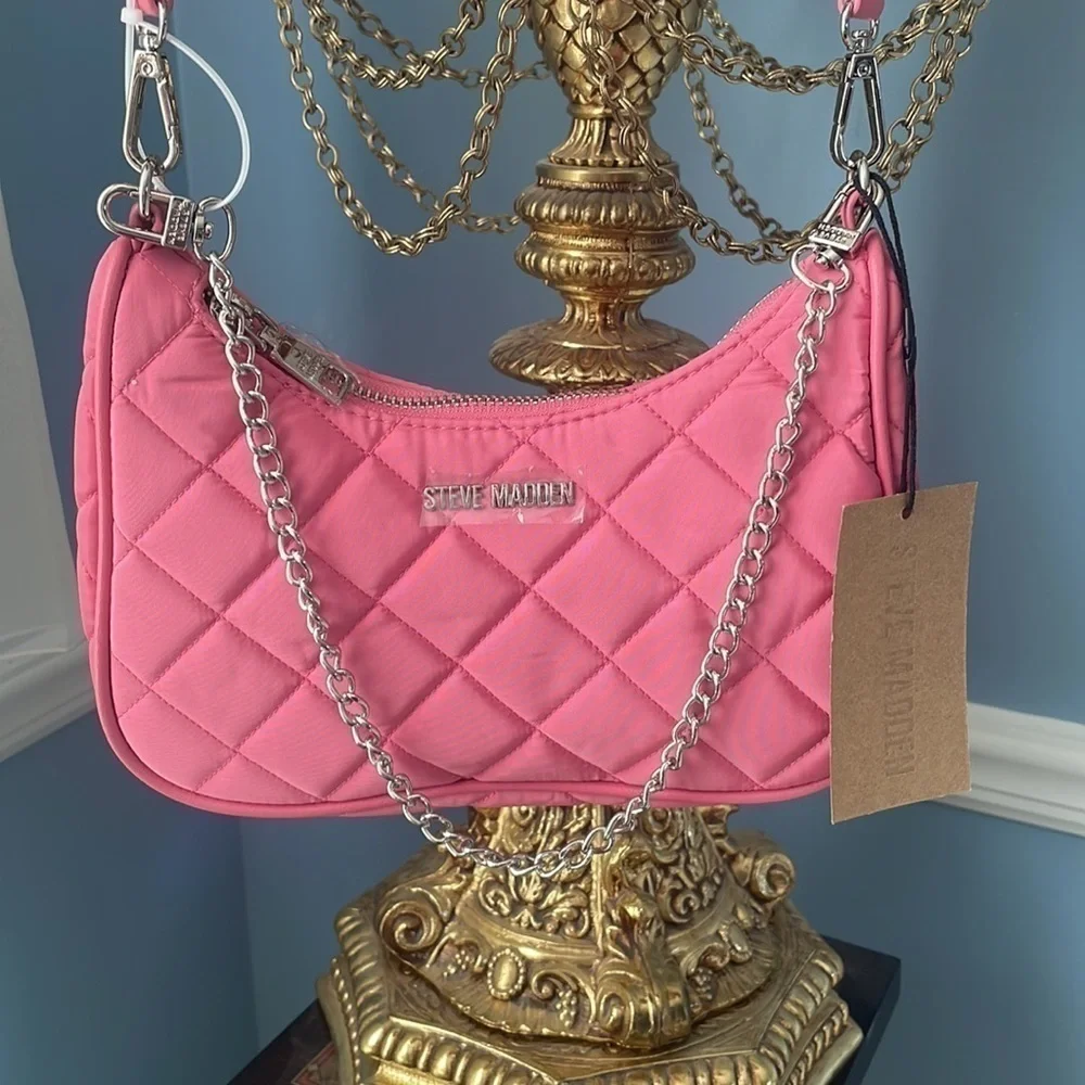 Brand New Steve Madden Raspberry Quilt Stitch Chain Wide Strap Crossbody Purse
